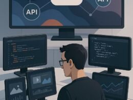 Moderner digitaler Arbeitsplatz mit mehreren Bildschirmen, Code, JSON-Feeds und Mediengraphen, im Hintergrund eine Darstellung des Apple News-Ökosystems mit HTML5, AMP und API-Integrationen