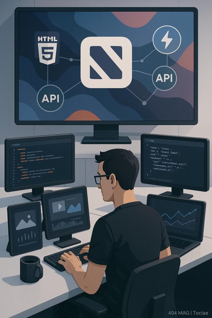 Moderner digitaler Arbeitsplatz mit mehreren Bildschirmen, Code, JSON-Feeds und Mediengraphen, im Hintergrund eine Darstellung des Apple News-Ökosystems mit HTML5, AMP und API-Integrationen