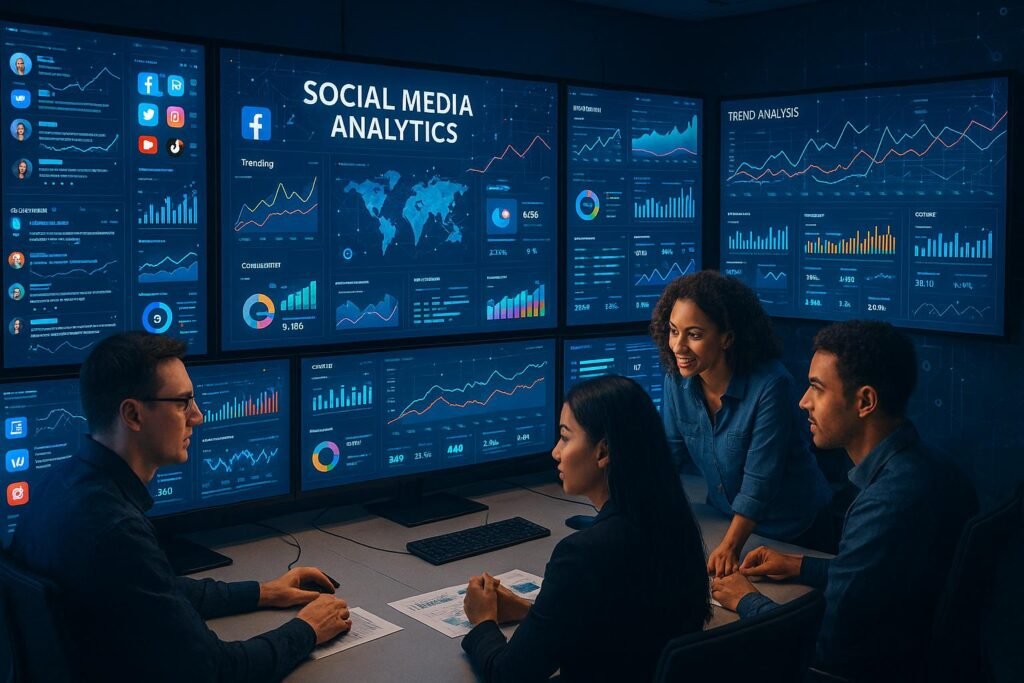 Moderner Kontrollraum mit mehreren Monitoren, die Social Media Daten, Trendanalysen und Echtzeit-Feeds anzeigen, mit einem Team von Marketern und Datenanalysten in Zusammenarbeit.
