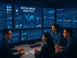 Moderner Kontrollraum mit mehreren Monitoren, die Social Media Daten, Trendanalysen und Echtzeit-Feeds anzeigen, mit einem Team von Marketern und Datenanalysten in Zusammenarbeit.