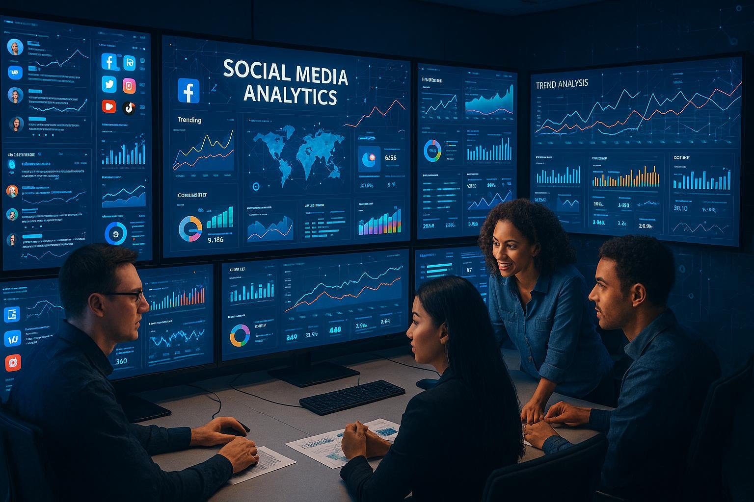 Moderner Kontrollraum mit mehreren Monitoren, die Social Media Daten, Trendanalysen und Echtzeit-Feeds anzeigen, mit einem Team von Marketern und Datenanalysten in Zusammenarbeit.