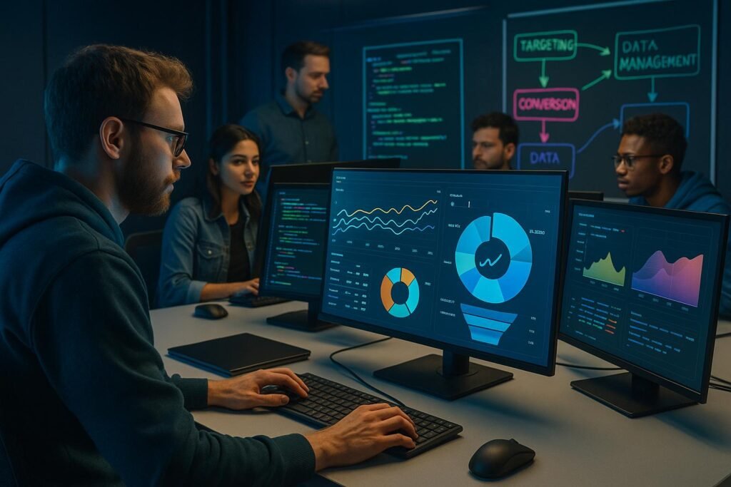 Team von Marketing-Profis im modernen Arbeitsraum mit großen Bildschirmen, Datenvisualisierungen, Whiteboards und technischen Geräten