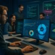 Team von Marketing-Profis im modernen Arbeitsraum mit großen Bildschirmen, Datenvisualisierungen, Whiteboards und technischen Geräten