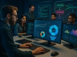 Team von Marketing-Profis im modernen Arbeitsraum mit großen Bildschirmen, Datenvisualisierungen, Whiteboards und technischen Geräten