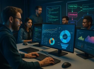 Team von Marketing-Profis im modernen Arbeitsraum mit großen Bildschirmen, Datenvisualisierungen, Whiteboards und technischen Geräten