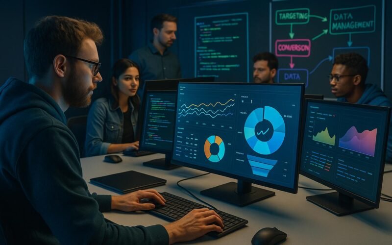 Team von Marketing-Profis im modernen Arbeitsraum mit großen Bildschirmen, Datenvisualisierungen, Whiteboards und technischen Geräten