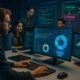 Team von Marketing-Profis im modernen Arbeitsraum mit großen Bildschirmen, Datenvisualisierungen, Whiteboards und technischen Geräten