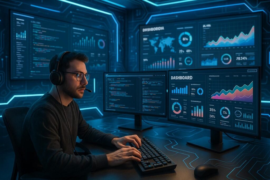 Futuristisches Büro mit Entwickler vor mehreren Monitoren, die Diagramme, Code und Social Media Visualisierungen anzeigen, LED-Beleuchtung und digitale Interfaces