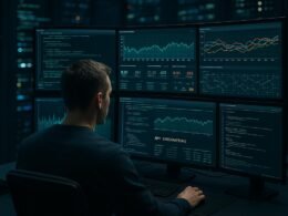 Technischer Profi im Kontrollraum mit mehreren Monitoren, Serverracks und leuchtenden LED-Indikatoren, zeigt Datenströme und Dashboards