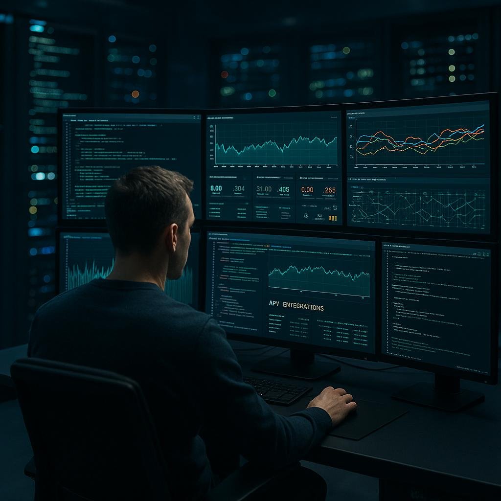 Technischer Profi im Kontrollraum mit mehreren Monitoren, Serverracks und leuchtenden LED-Indikatoren, zeigt Datenströme und Dashboards