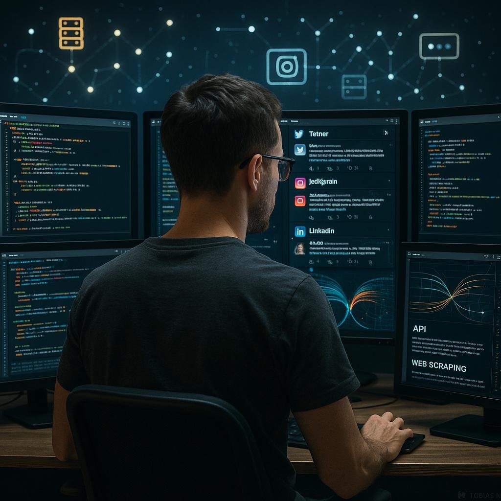 Techniker vor mehreren Monitoren mit Code, Diagrammen und Social Media Plattformen in einer digitalen Arbeitsumgebung