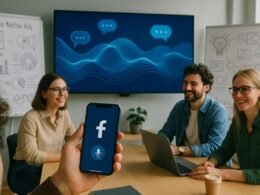 Modernes Büro mit großem Bildschirm, digitaler Animation von Wellen und Sprachsymbolen, Menschen in Casual-Outfits, Whiteboards mit Skizzen und Datenvisualisierungen, helles Licht und innovative Atmosphäre