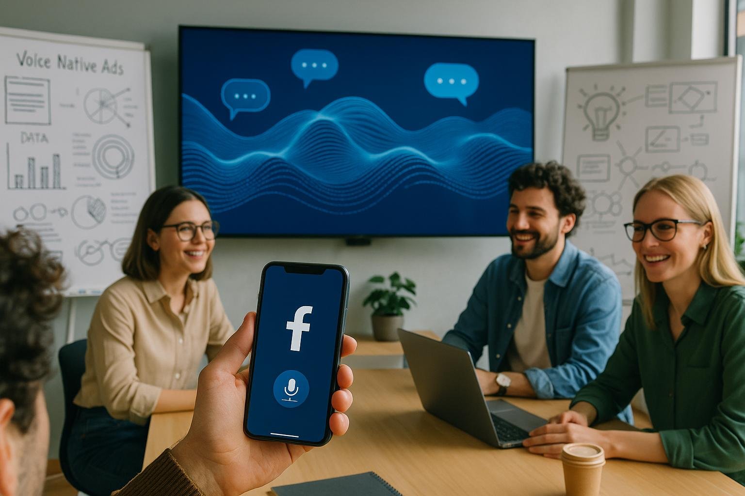 Modernes Büro mit großem Bildschirm, digitaler Animation von Wellen und Sprachsymbolen, Menschen in Casual-Outfits, Whiteboards mit Skizzen und Datenvisualisierungen, helles Licht und innovative Atmosphäre