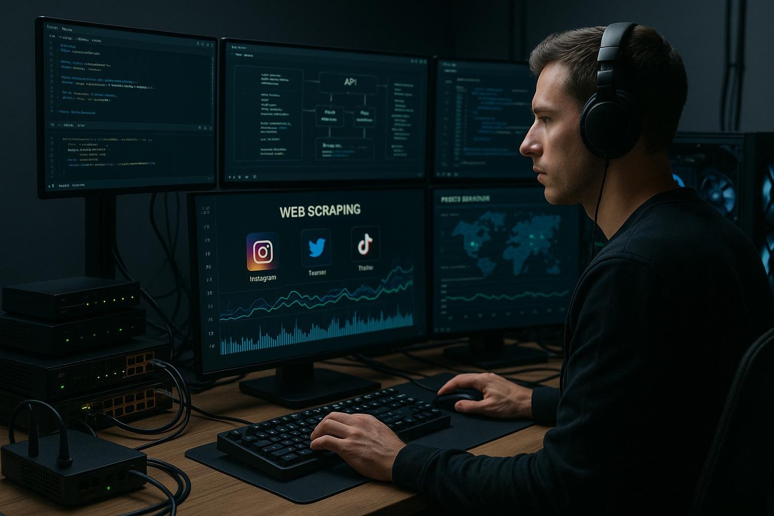Arbeitsplatz mit mehreren Monitoren, die Social Media Daten und Web Scraping Dashboards zeigen, inklusive Profi-Operator und Netzwerkausrüstung.
