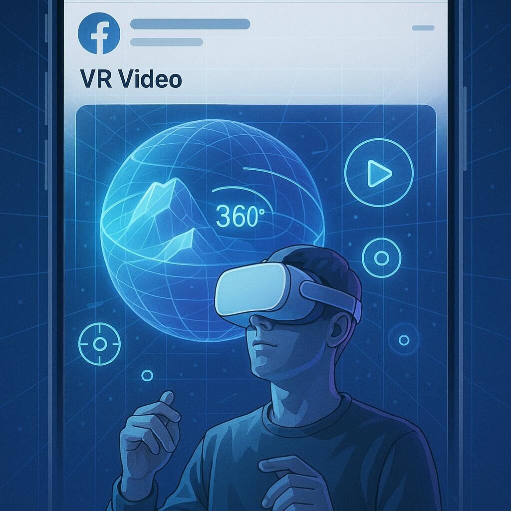 Futuristischer Nutzer mit VR-Headset, umgeben von holographischen 3D-Modellen und digitalen Facebook-Feed-Elementen in einer high-tech Umgebung
