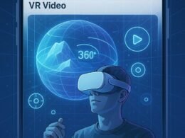 Futuristischer Nutzer mit VR-Headset, umgeben von holographischen 3D-Modellen und digitalen Facebook-Feed-Elementen in einer high-tech Umgebung