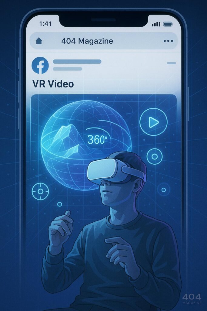 Futuristischer Nutzer mit VR-Headset, umgeben von holographischen 3D-Modellen und digitalen Facebook-Feed-Elementen in einer high-tech Umgebung