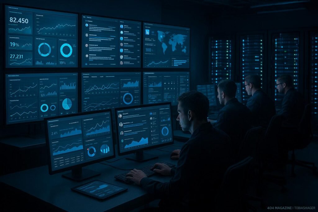 High-Tech Kontrollraum mit großen Bildschirmen, Operatoren und leuchtenden Server-Racks, die die fortschrittliche Social-Media-Datenerfassung visualisieren