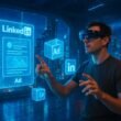 Nutzer mit VR-Headset und AR-Brille interagieren in einer futuristischen, digitalen Stadtlandschaft mit holographischen LinkedIn-Ads