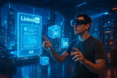 Nutzer mit VR-Headset und AR-Brille interagieren in einer futuristischen, digitalen Stadtlandschaft mit holographischen LinkedIn-Ads