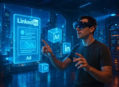 Nutzer mit VR-Headset und AR-Brille interagieren in einer futuristischen, digitalen Stadtlandschaft mit holographischen LinkedIn-Ads