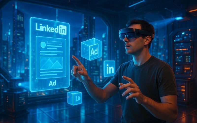 Nutzer mit VR-Headset und AR-Brille interagieren in einer futuristischen, digitalen Stadtlandschaft mit holographischen LinkedIn-Ads