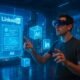 Nutzer mit VR-Headset und AR-Brille interagieren in einer futuristischen, digitalen Stadtlandschaft mit holographischen LinkedIn-Ads