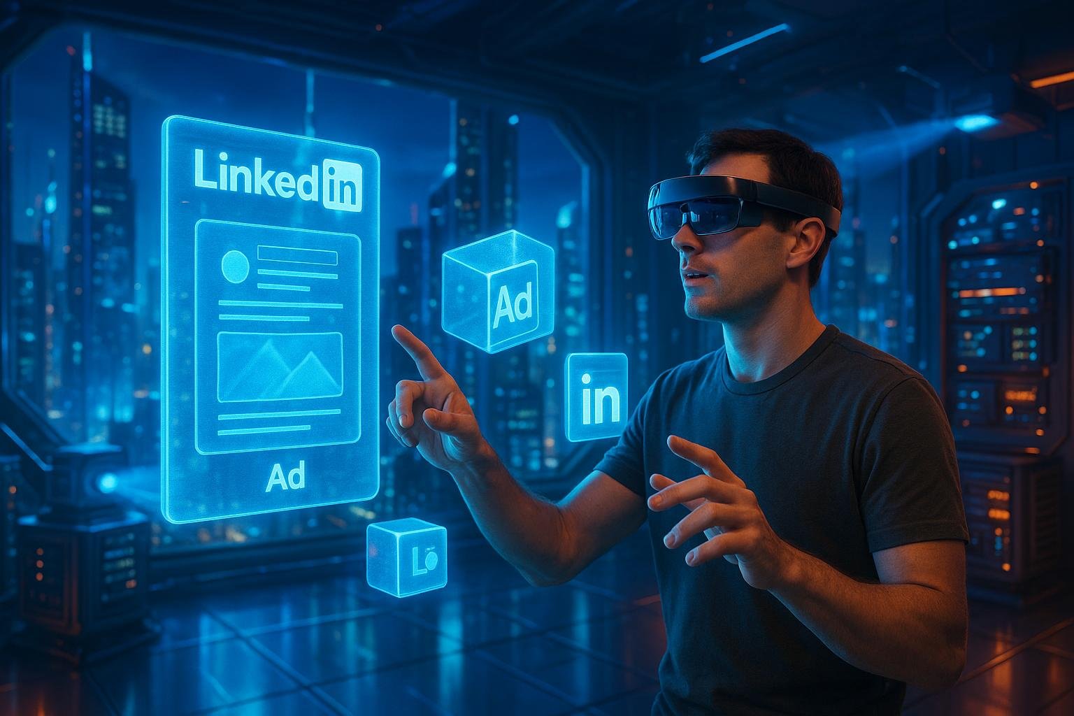 Nutzer mit VR-Headset und AR-Brille interagieren in einer futuristischen, digitalen Stadtlandschaft mit holographischen LinkedIn-Ads