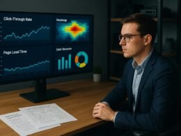 Person in Business-Outfit bei der Analyse von Content-Daten in einem modernen Digital-Content-Studio mit großen Monitoren und technischen Geräten