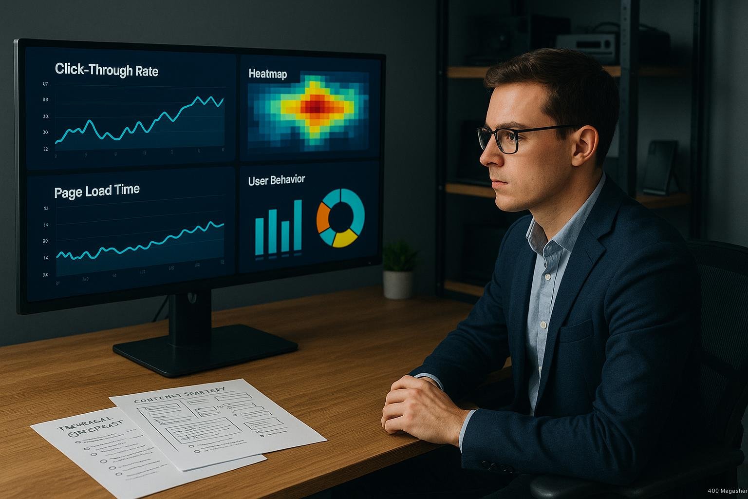 Person in Business-Outfit bei der Analyse von Content-Daten in einem modernen Digital-Content-Studio mit großen Monitoren und technischen Geräten