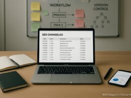 Moderner Arbeitsplatz mit Laptop, Notizbüchern, Smartphone und Whiteboard, das SEO-Workflows und Versionierungskonzepte visualisiert