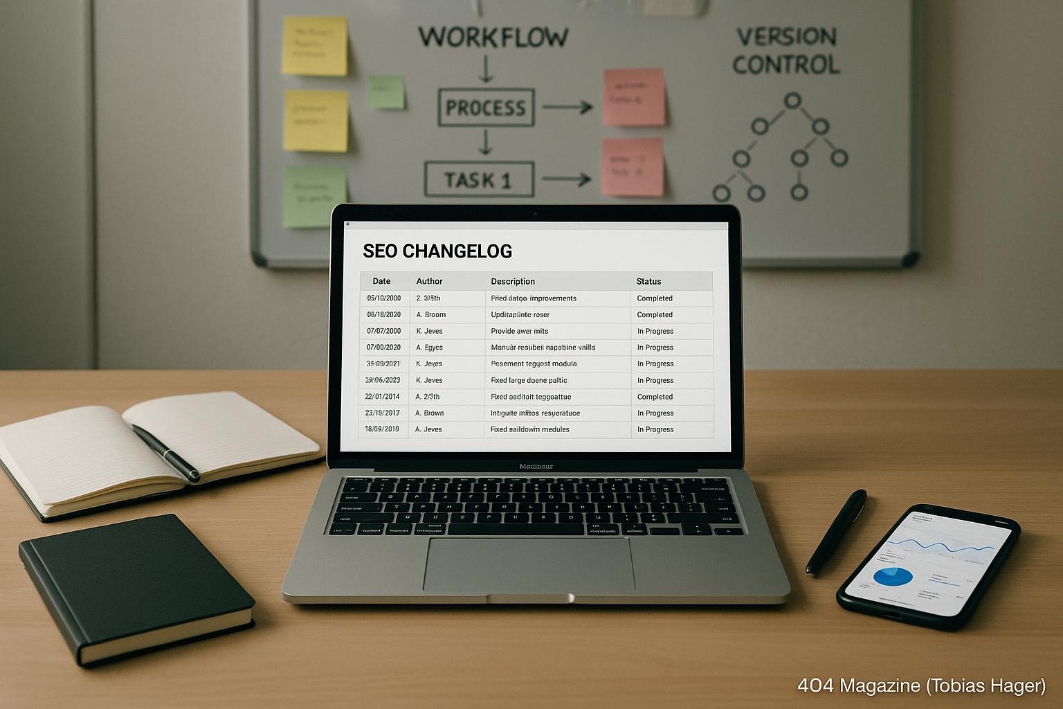 Moderner Arbeitsplatz mit Laptop, Notizbüchern, Smartphone und Whiteboard, das SEO-Workflows und Versionierungskonzepte visualisiert