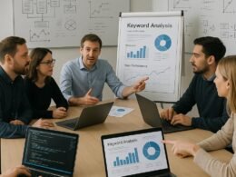 Team von Entwicklern und SEO-Experten in einem hell erleuchteten Konferenzraum mit Laptops, Whiteboards und Diagrammen