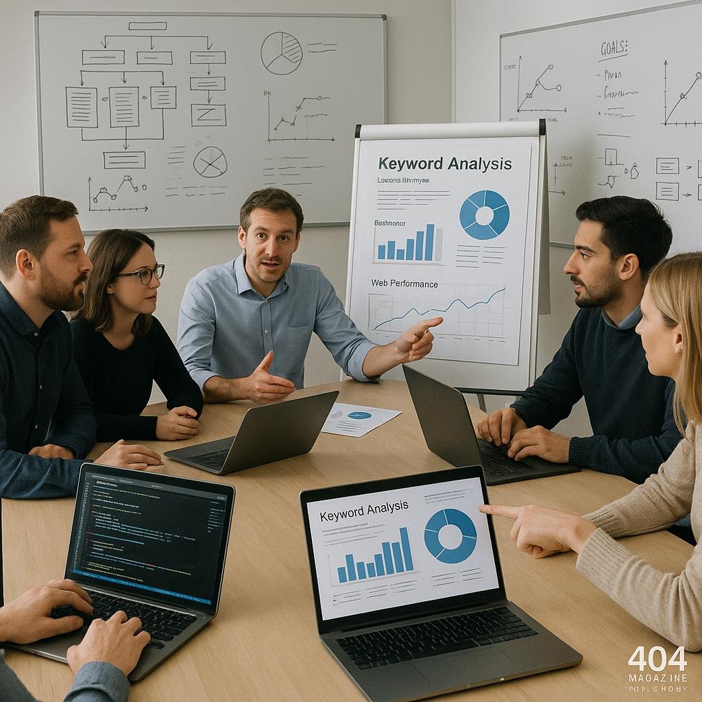 Team von Entwicklern und SEO-Experten in einem hell erleuchteten Konferenzraum mit Laptops, Whiteboards und Diagrammen