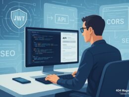 Moderner, technischer Büroarbeitsplatz mit Entwicklern, die an einem großen Bildschirm mit Code und Sicherheitsgrafiken arbeiten, inklusive JWT-Token und API-Dokumentationen