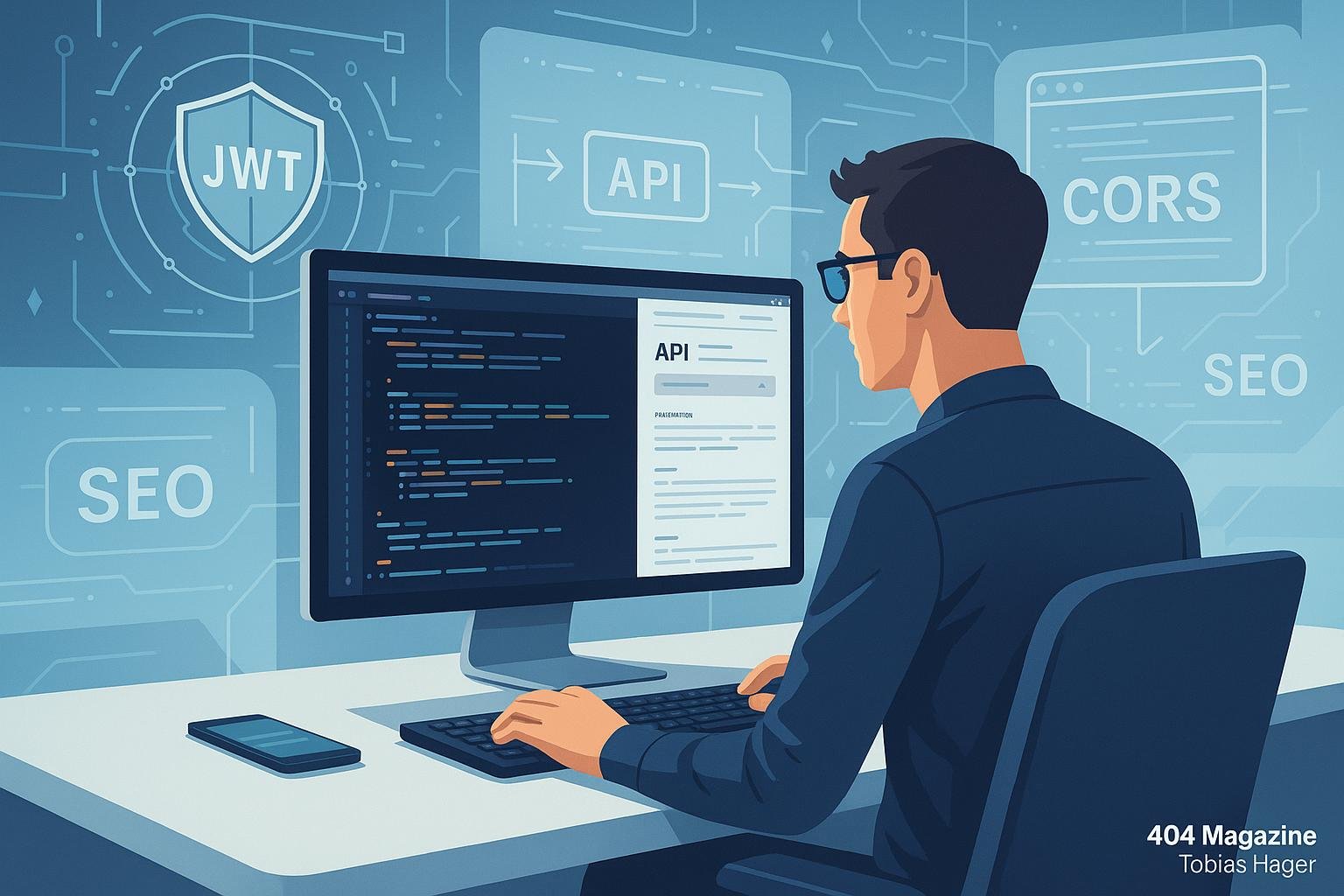 Moderner, technischer Büroarbeitsplatz mit Entwicklern, die an einem großen Bildschirm mit Code und Sicherheitsgrafiken arbeiten, inklusive JWT-Token und API-Dokumentationen