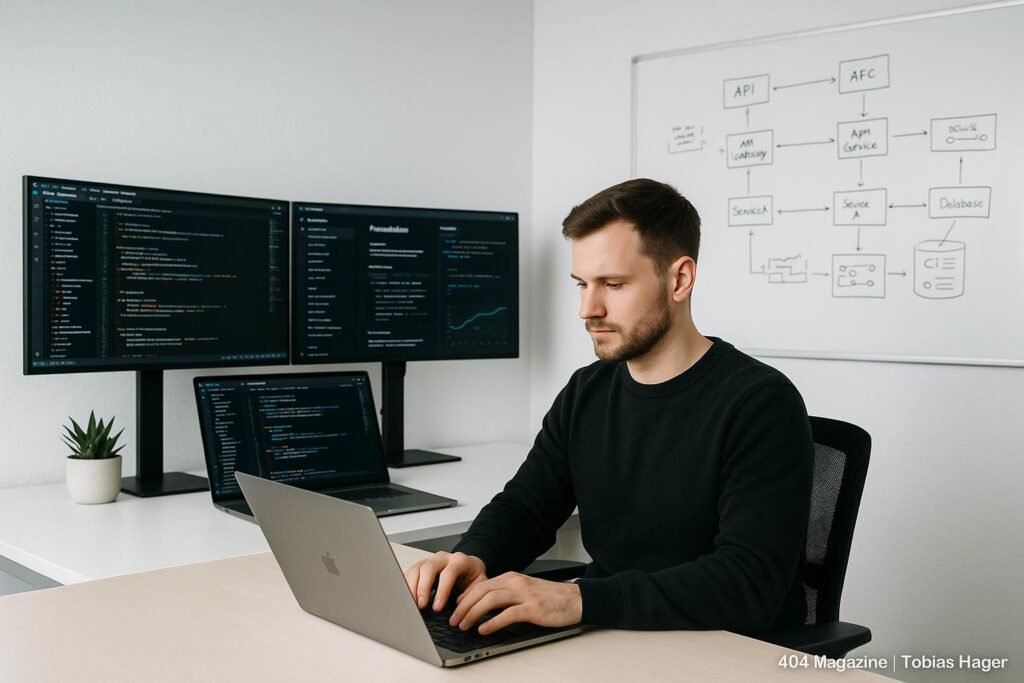 Entwickler arbeitet an einem Laptop in einem modernen, minimalistischen Büro mit großen Bildschirmen, Whiteboard-Skizzen und Diagrammen, im Hintergrund API-Dokumentationen und Code-Editoren, mit Fokus auf digitale Infrastruktur.