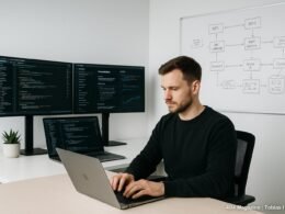 Entwickler arbeitet an einem Laptop in einem modernen, minimalistischen Büro mit großen Bildschirmen, Whiteboard-Skizzen und Diagrammen, im Hintergrund API-Dokumentationen und Code-Editoren, mit Fokus auf digitale Infrastruktur.