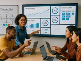 Vielfältiges agiles Team plant ein Projekt in einem modernen Büro mit digitalem Bildschirm und Whiteboard