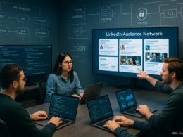 Team von Entwicklern arbeitet an mehreren Bildschirmen mit API-Code, JSON-Daten und Echtzeit-Analysen in einem modernen, gut beleuchteten Büro, mit technischen Diagrammen an den Wänden. Credit: 404 Magazine (Tobias Hager).