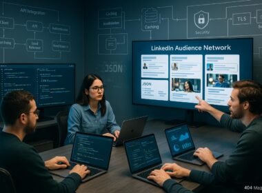 Team von Entwicklern arbeitet an mehreren Bildschirmen mit API-Code, JSON-Daten und Echtzeit-Analysen in einem modernen, gut beleuchteten Büro, mit technischen Diagrammen an den Wänden. Credit: 404 Magazine (Tobias Hager).
