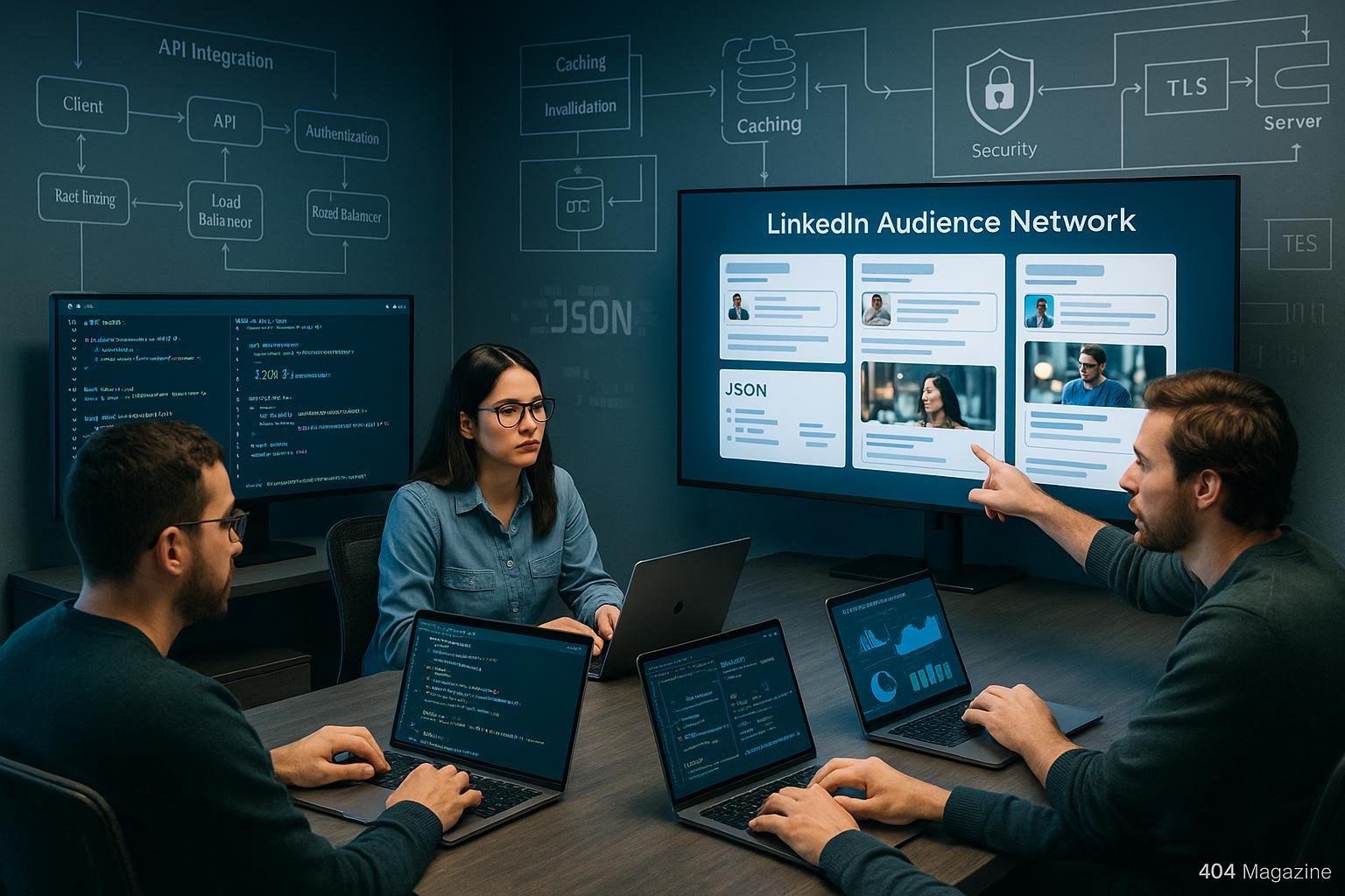 Team von Entwicklern arbeitet an mehreren Bildschirmen mit API-Code, JSON-Daten und Echtzeit-Analysen in einem modernen, gut beleuchteten Büro, mit technischen Diagrammen an den Wänden. Credit: 404 Magazine (Tobias Hager).