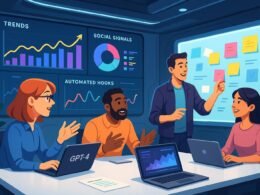 Modernes Content-Büro mit großem Bildschirm, Dashboard-Daten, kreativen Teams und futuristischem Design, Credit: 404 Magazine (Tobias Hager)