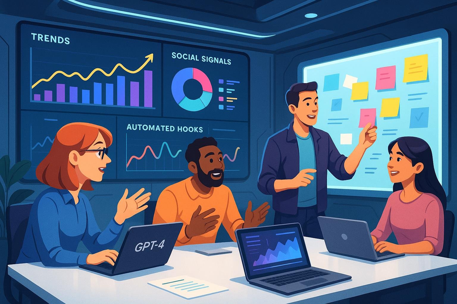 Modernes Content-Büro mit großem Bildschirm, Dashboard-Daten, kreativen Teams und futuristischem Design, Credit: 404 Magazine (Tobias Hager)