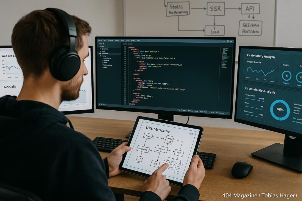 Moderner Entwicklerarbeitsplatz mit Monitoren, Code, Diagrammen und Serverarchitektur, betont technische Präzision und strategische SEO-Planung.
