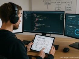 Moderner Entwicklerarbeitsplatz mit Monitoren, Code, Diagrammen und Serverarchitektur, betont technische Präzision und strategische SEO-Planung.