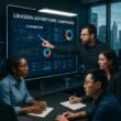 Verschiedene Marketingfachleute in einem hochmodernen Büro, die an digitalen Bildschirmen mit Daten, Diagrammen und KI-Workflows arbeiten