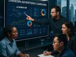Verschiedene Marketingfachleute in einem hochmodernen Büro, die an digitalen Bildschirmen mit Daten, Diagrammen und KI-Workflows arbeiten