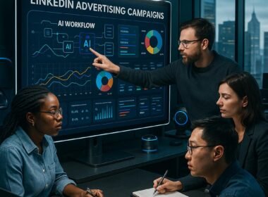 Verschiedene Marketingfachleute in einem hochmodernen Büro, die an digitalen Bildschirmen mit Daten, Diagrammen und KI-Workflows arbeiten