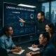 Verschiedene Marketingfachleute in einem hochmodernen Büro, die an digitalen Bildschirmen mit Daten, Diagrammen und KI-Workflows arbeiten